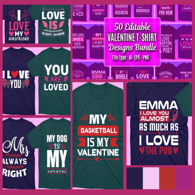 50 Editable Valentines day T shirt Designs Bundle cover image.