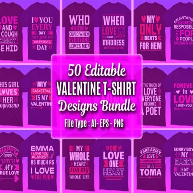 50 Editable Valentines day T shirt Designs Bundle main cover.