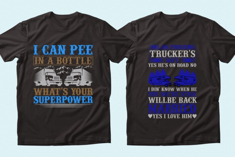 Dark T-shirts with bright blue font and loads of trucks.