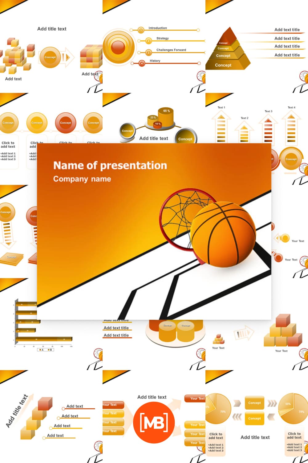 Basketball presentation template includes built-in layouts and stunning backgrounds to make your presentation a winner.
