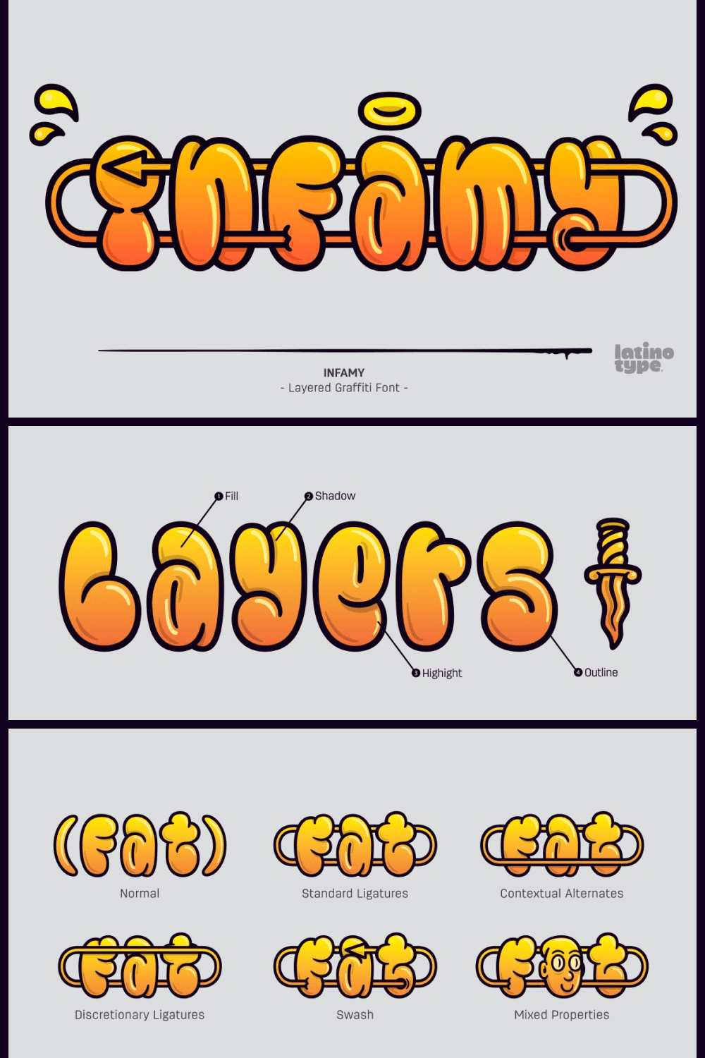 This is a display typeface inspired by graffiti and street art, featuring the ‘bubble letter’ style of writing which was very popular among subway and suburban graffiti artists in the early days of American graffiti.