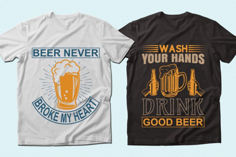 T-shirts with yellow beer graphics.