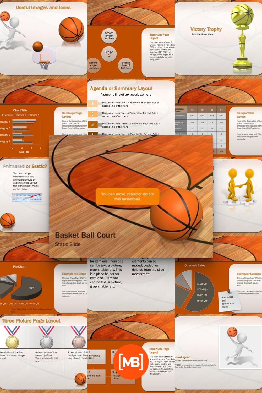 This PowerPoint shows animated basketballs bouncing on a basketball court.