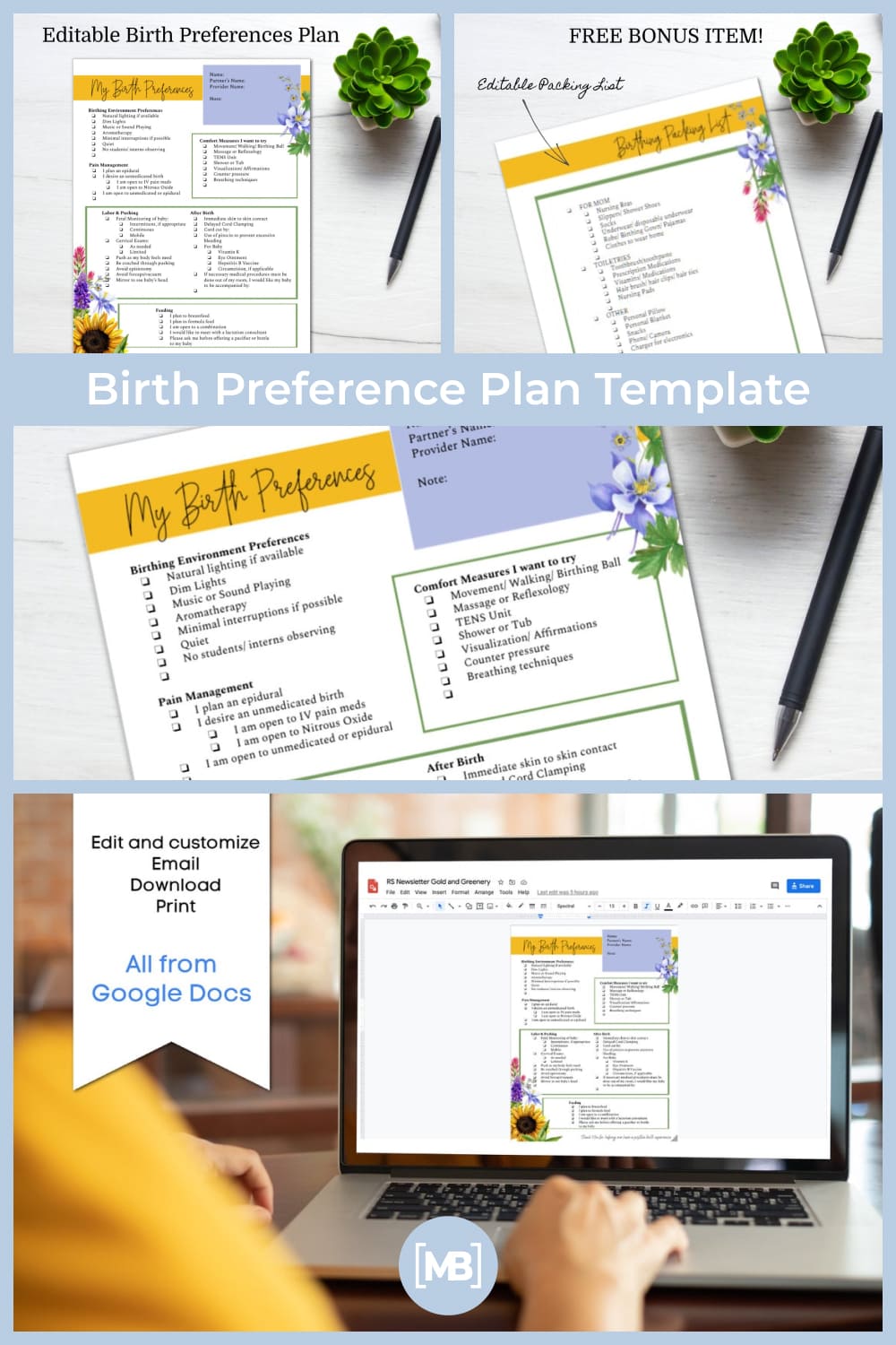 Editable and cute template for birth planning.