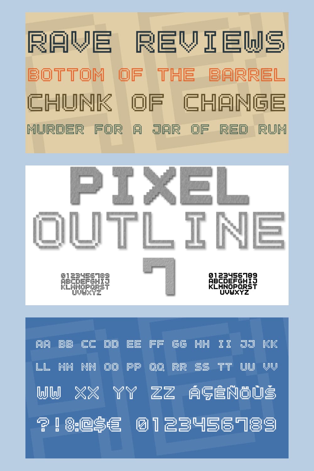 Original outline pixel font. Native size is 15 points. Solid font is included also.