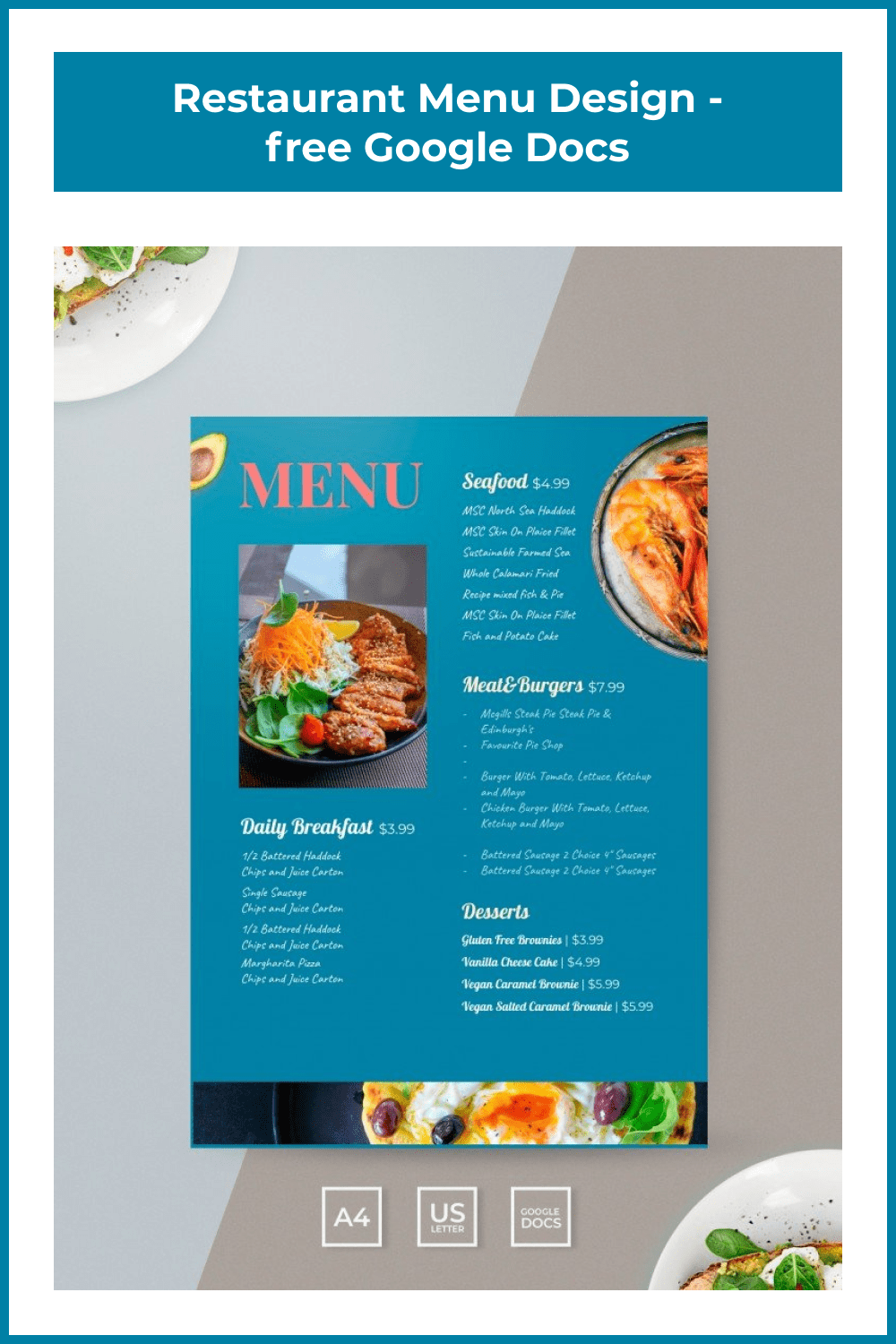 Blue menu in a laconic style with the image of food.