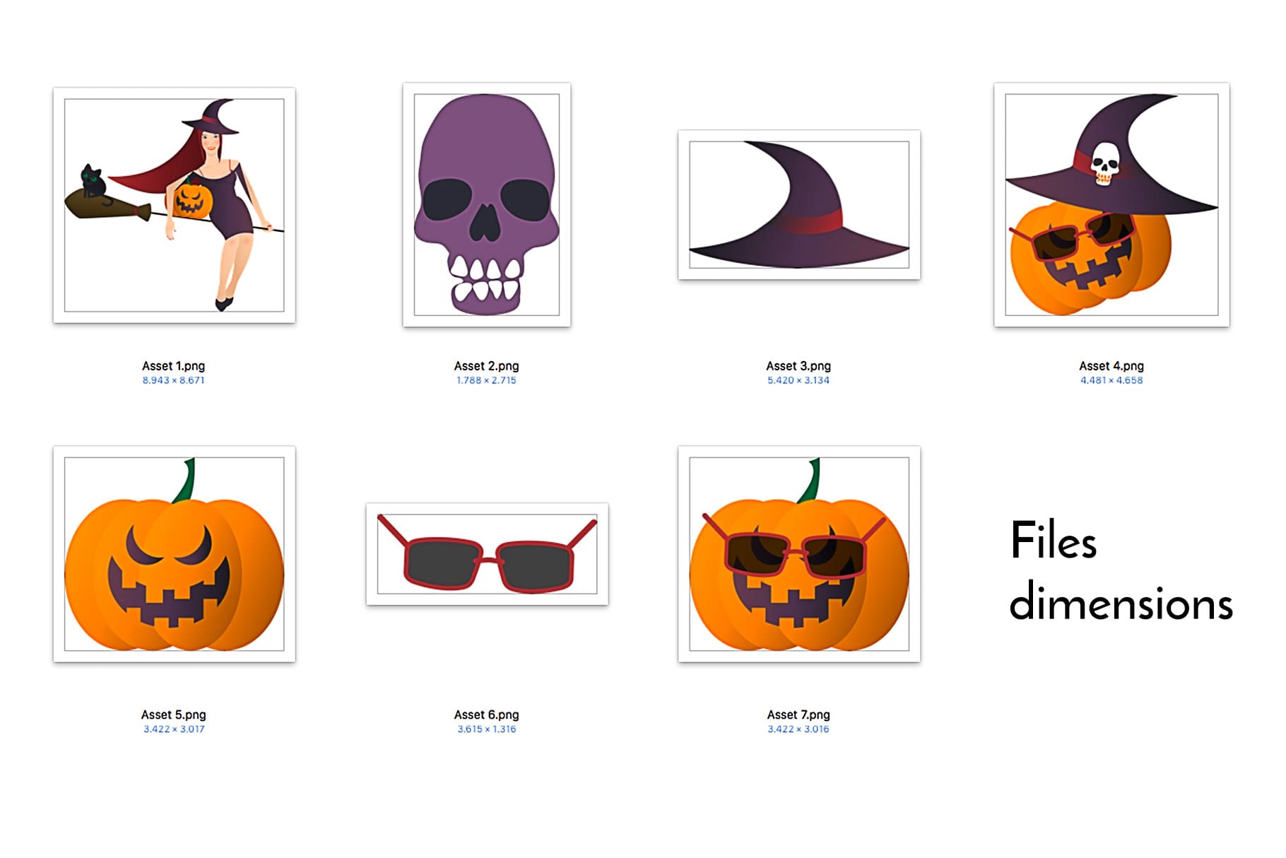 Here are the main attributes of the collection - pumpkins, witches, skulls and witch hats.
