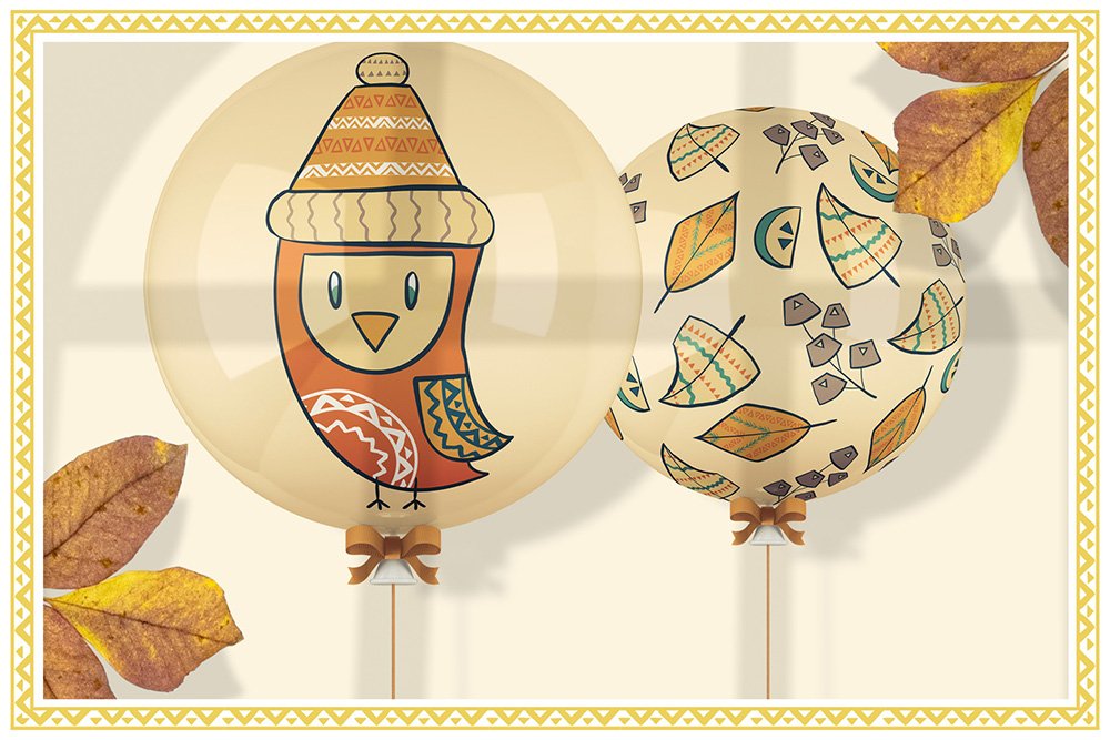 Balloons with autumn illustrations in light brown color.