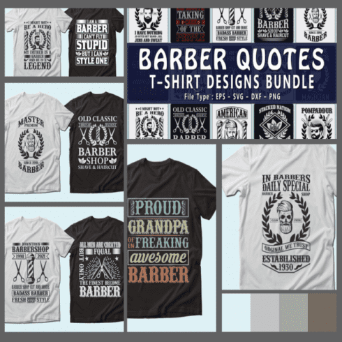 Trendy 20 barber quotes t shirt designs bundle cover image.