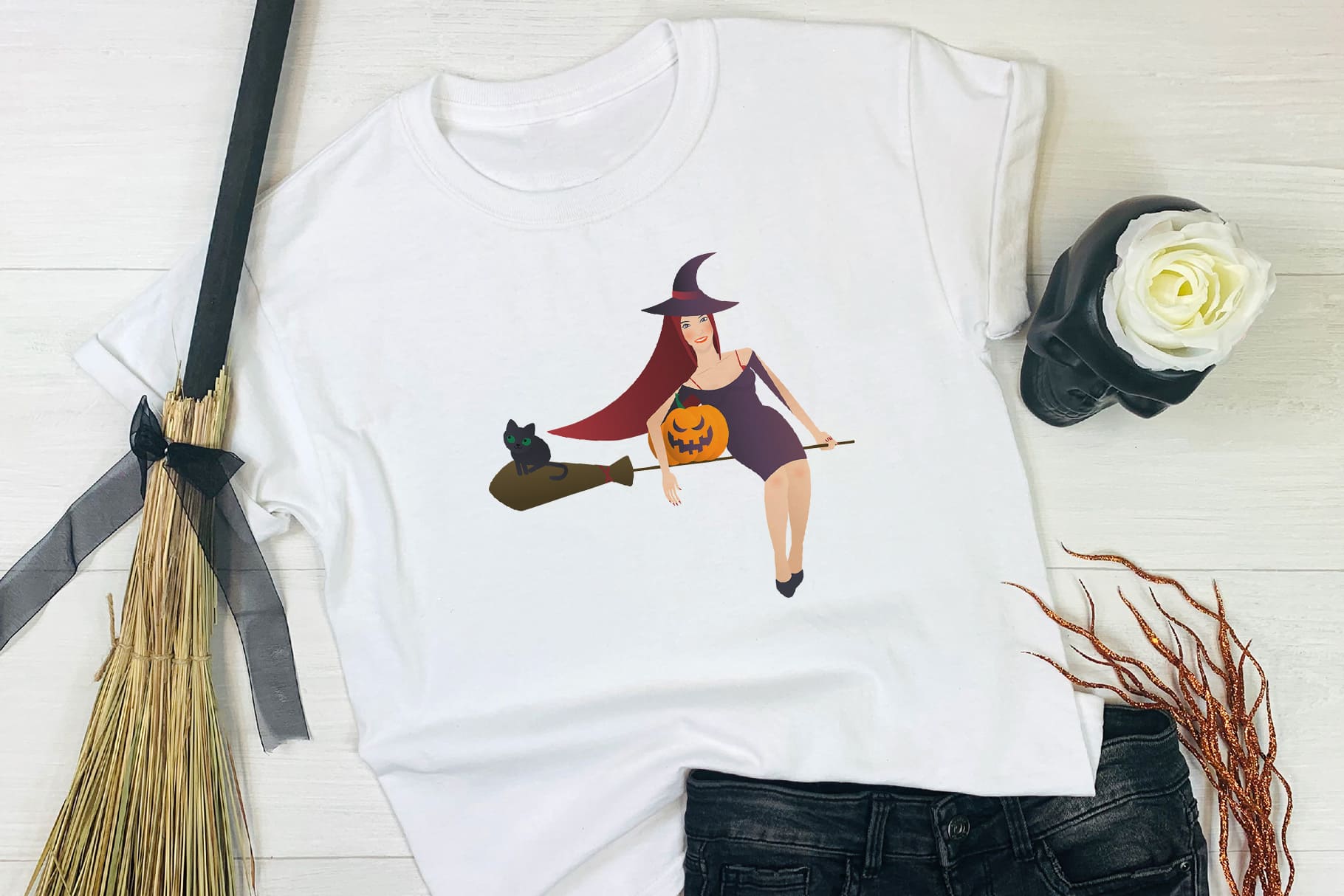 This graphic looks great on clothing. Decorating a T-shirt with a witch on Halloween is a sacred thing.
