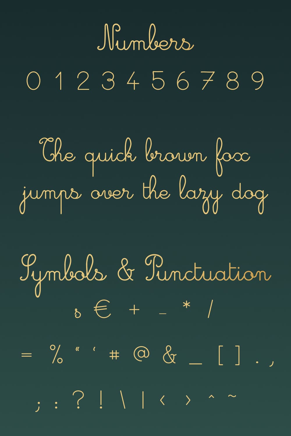 Numbers and other elements of the Free Cursive Font.