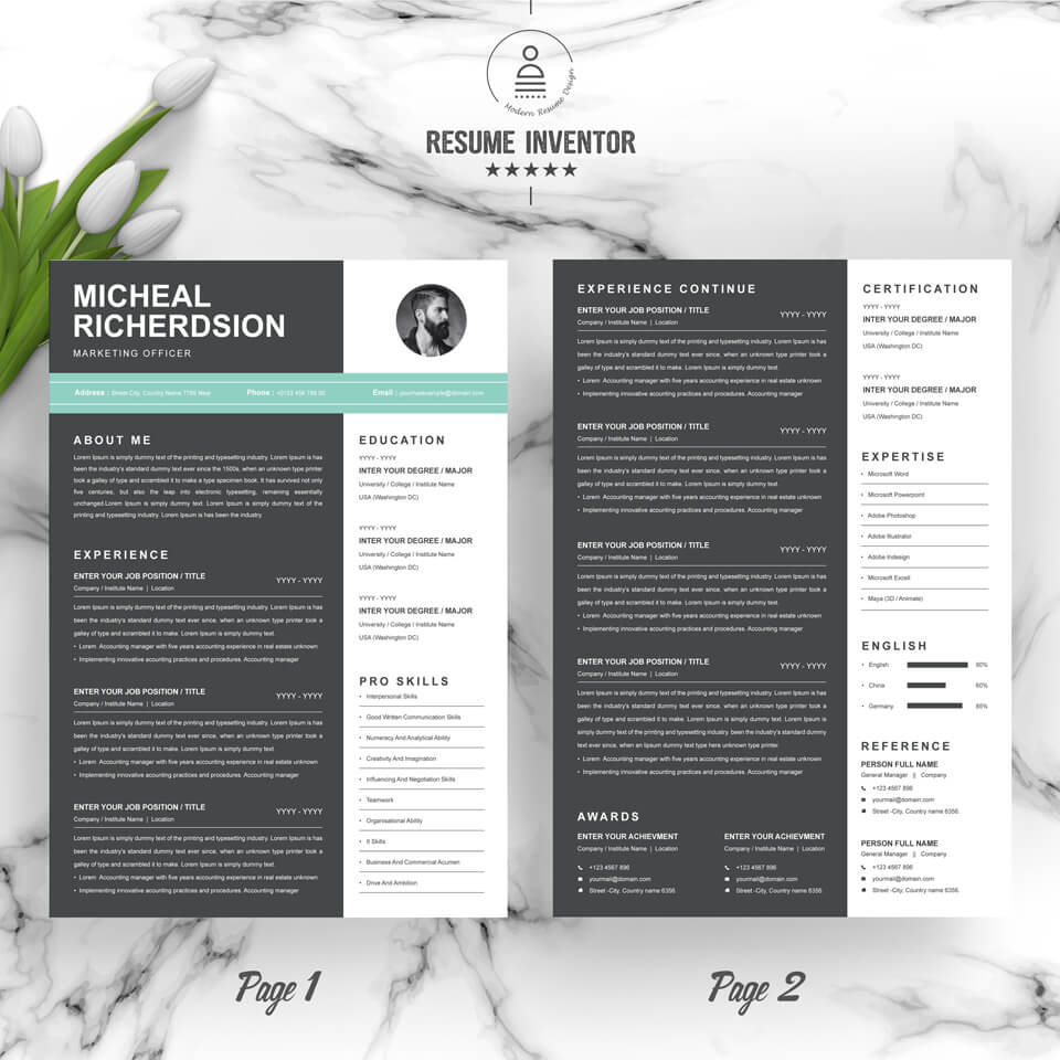 Professional resume template with a marble background.