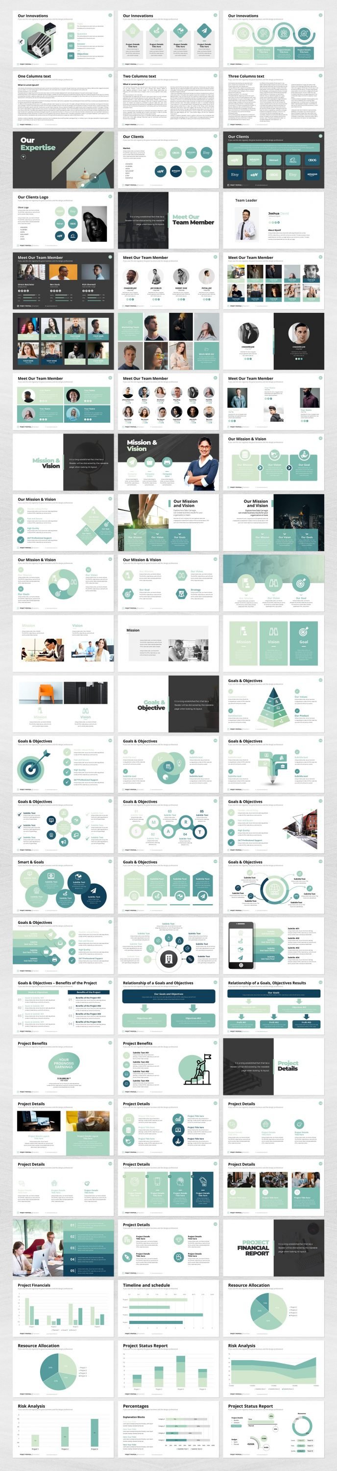 The template contains a whole collection of infographics and diagrams to simplify the communication of information.