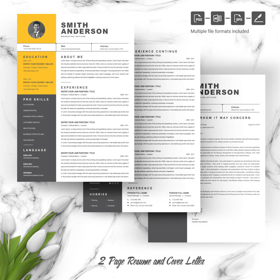 Modern resume template with a yellow accent.