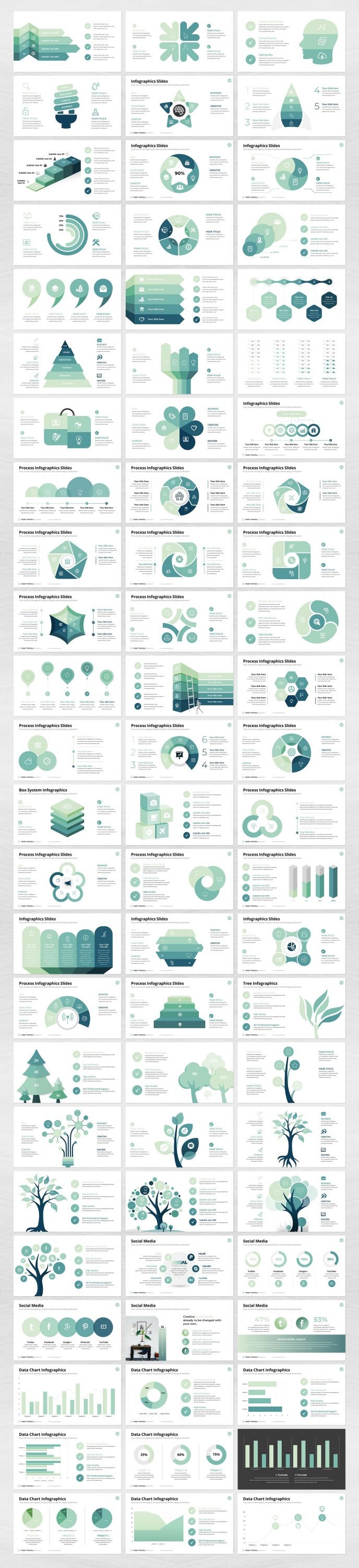 The template collection contains a lot of infographics in light green color.