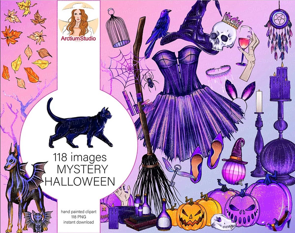 118 Mystery halloween clipart,galaxy glitter witch