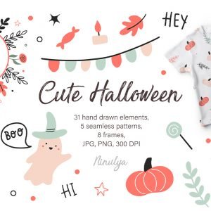 Cute Happy Halloween Clipart, Seamless patterns, Frames, Hand drawn illustrations main cover.