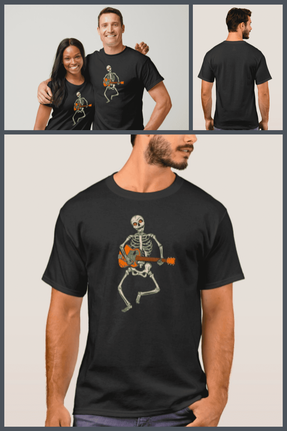The cheerful skeleton plays the guitar and cheers up.