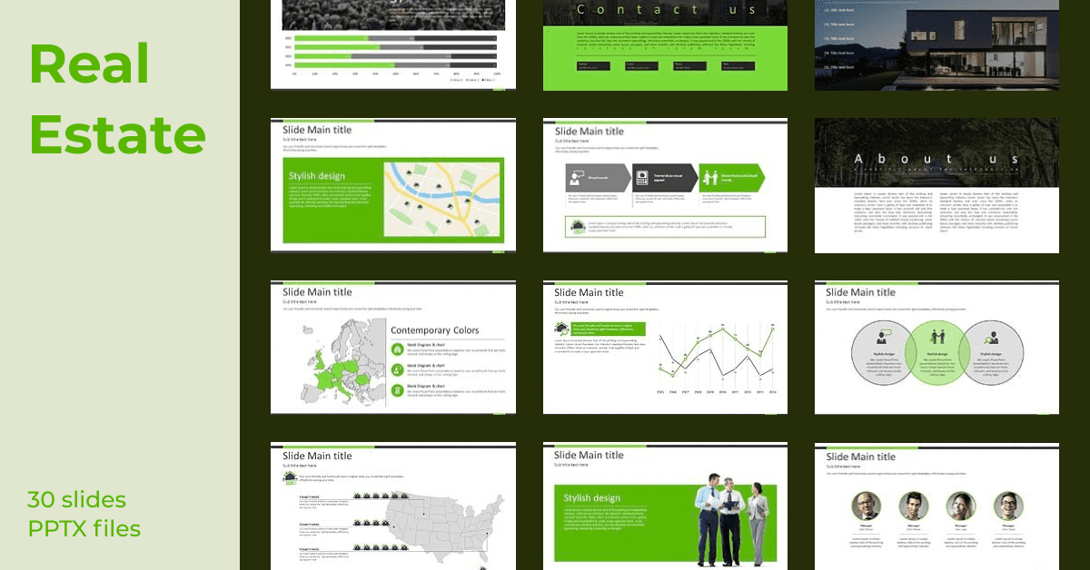 Green template with a lot of infographics and diagrams.