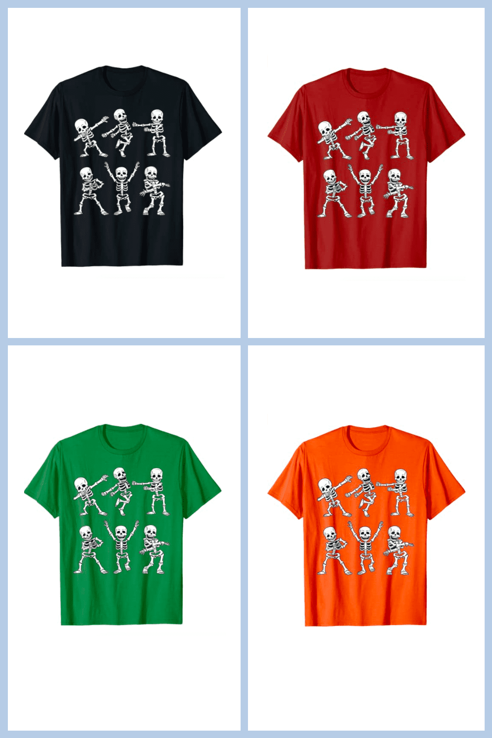 Little funny skeletons are dancing in colorful T-shirts.