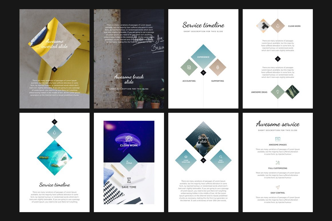 Italic fonts, light backgrounds, and creative photo shapes will make your presentation attractive to your audience.