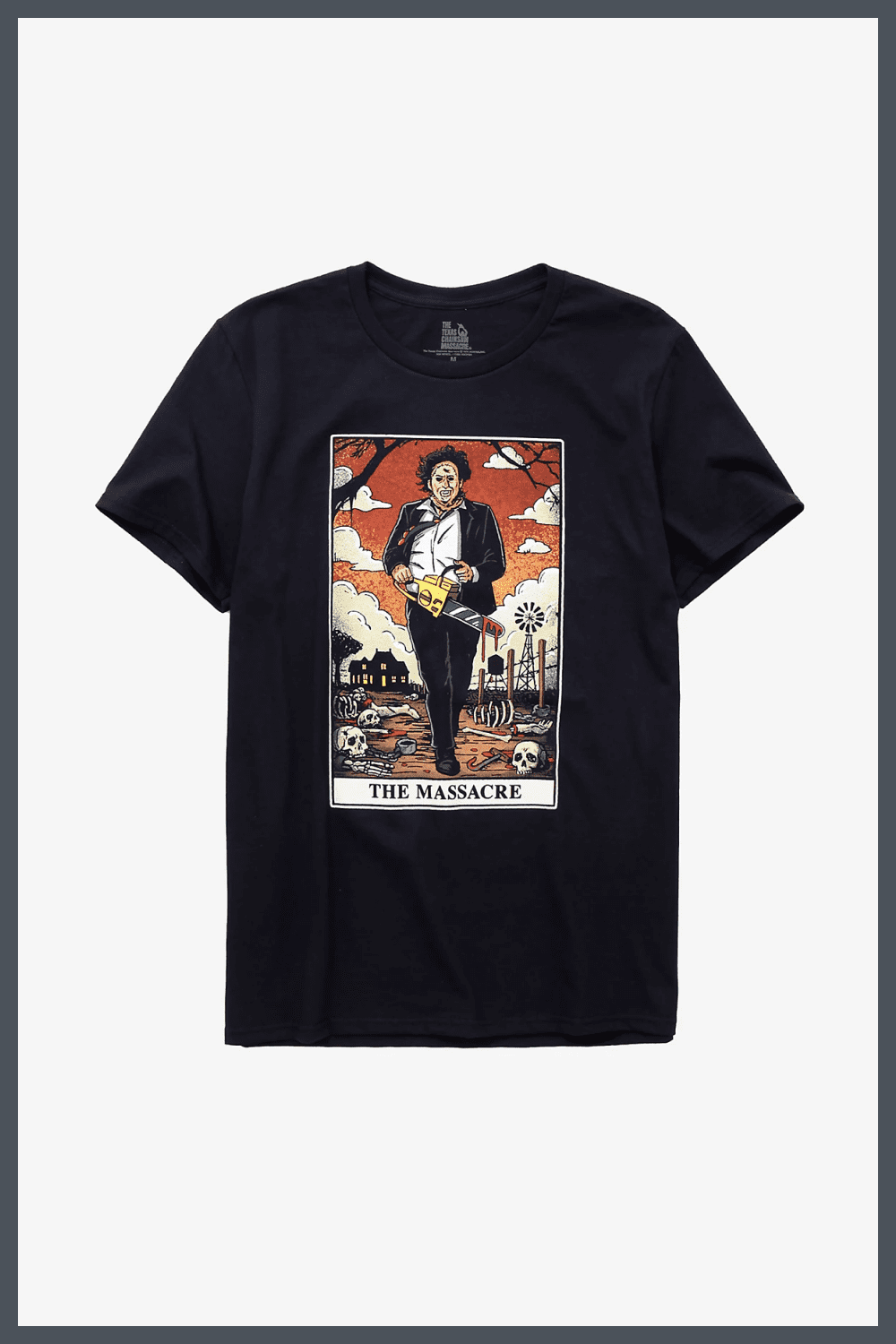 This black tee features Leatherface from The Texas Chainsaw Massacre reimagined as a tarot card entitled 