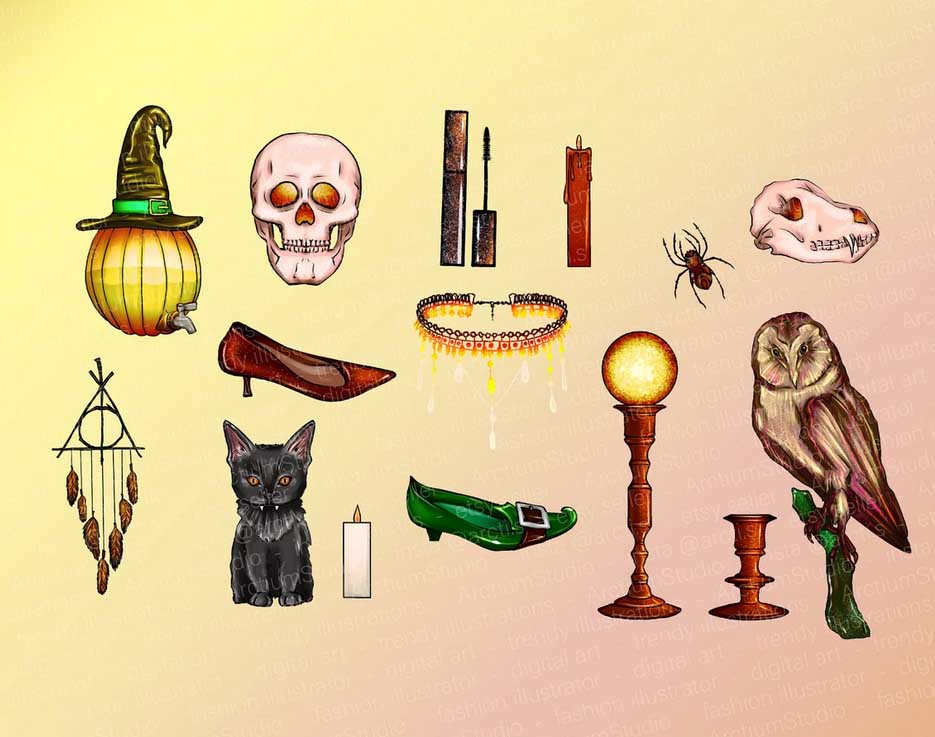 Set includes magical characters and all types of funny things like a monster's finger, a pot of potions and many other things that you need to celebrate Halloween fun.