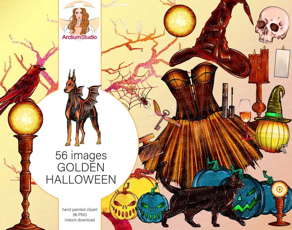 56 Halloween elements, Witch clipart autumn, Handdrawn Halloween, pumpkin magic yellow, owl books halloween