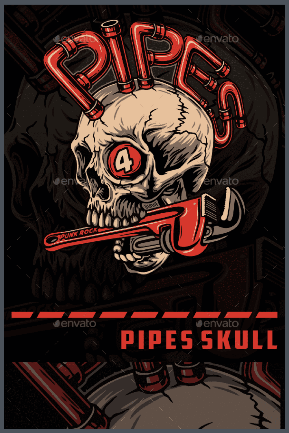 This is a stylish illustration of a skull with a weapon in its teeth.