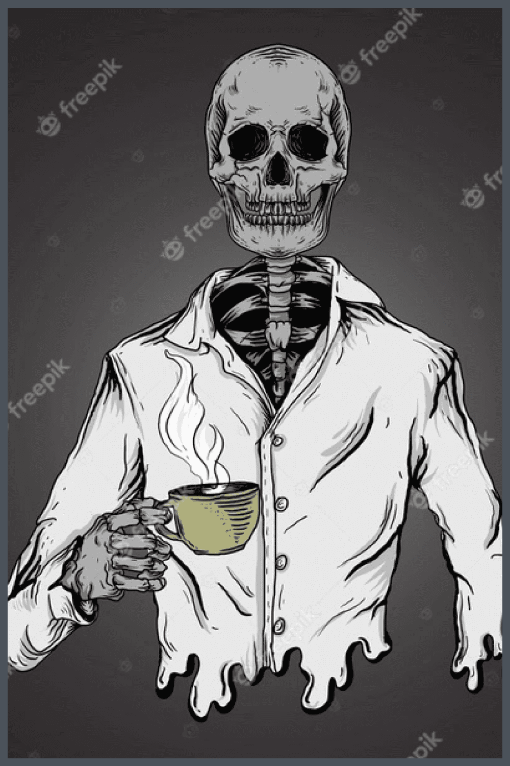 Stylish skeleton in a shirt with a cup of aromatic coffee.