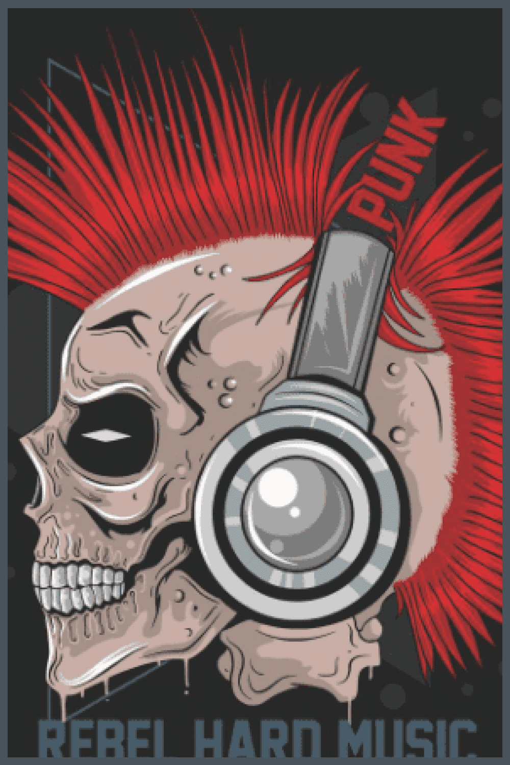 Rapper skull with red hair and headphones.