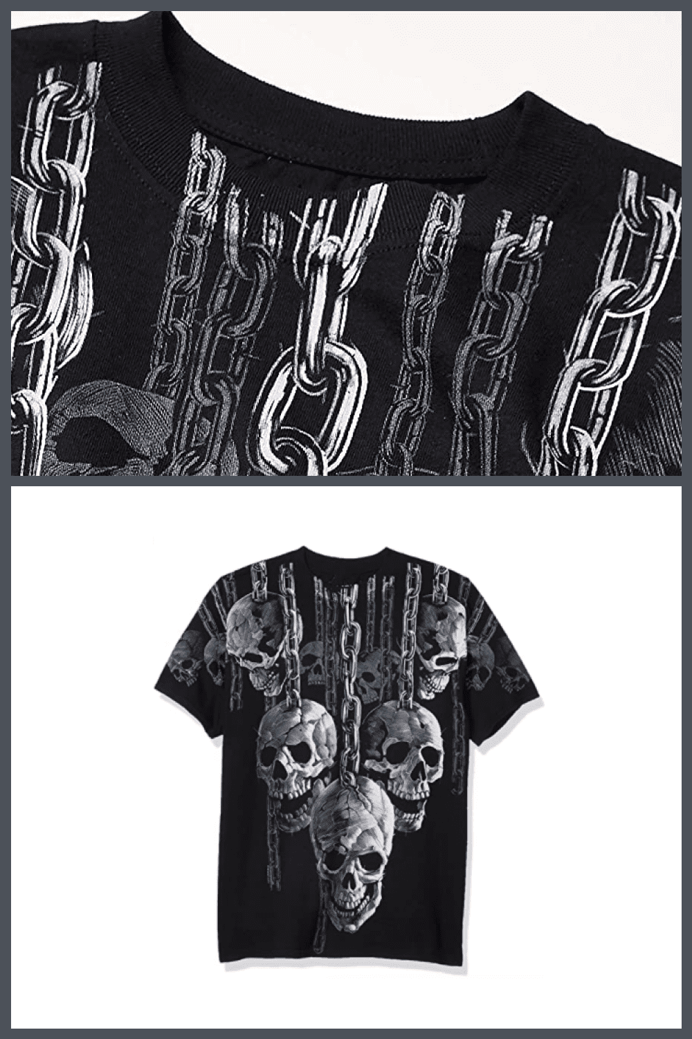 Embossed black T-shirt with skulls depicted.