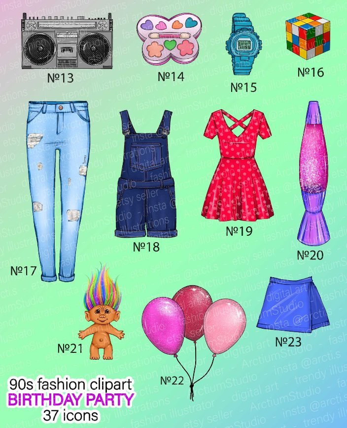 
Clipart for 90s, 1990s scrapbook kit, 90s birthday clipart, ring pop clipart, troll dolls clipart, nineties set fashion, toys games clipart