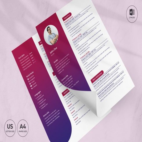 Purple and red resume template on a pink background.