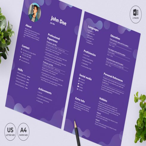 Purple resume template with a pencil on top of it.