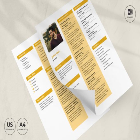 Yellow and white resume with a photo on it.