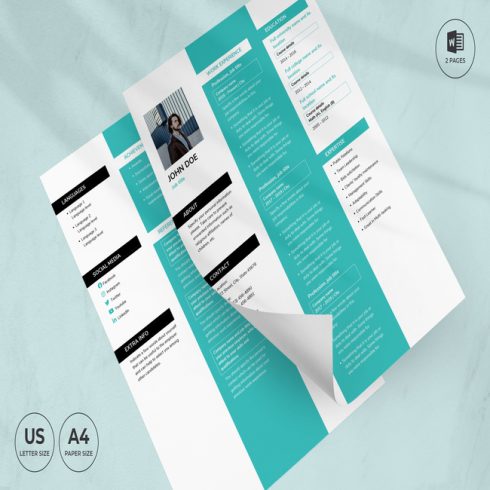 Blue and white resume template on a blue background.