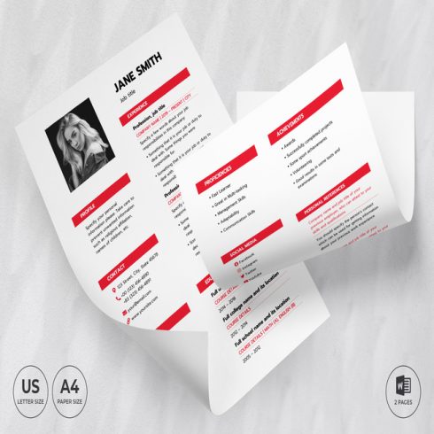 White and red resume with a red stripe.