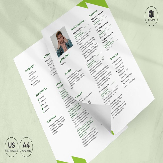 Green and white resume template on a green background.