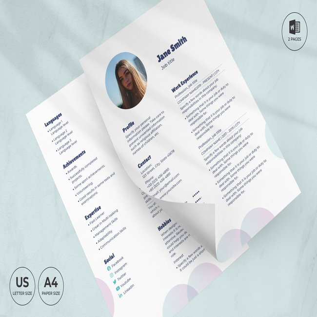 Clean and modern resume template on a blue background.