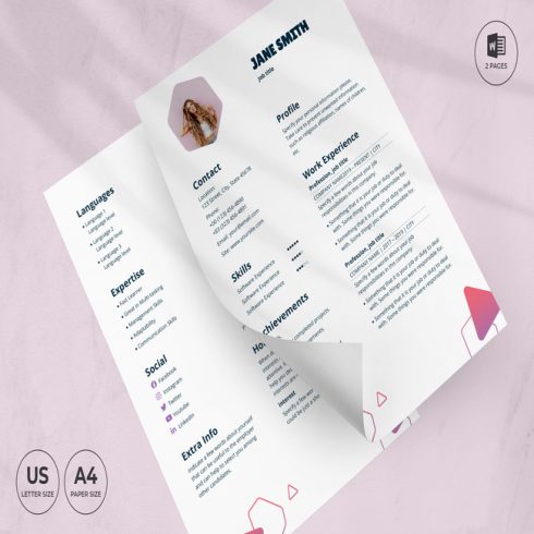 Clean and modern resume template on a pink background.