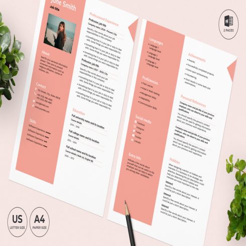 Pink and white resume on a pink background.