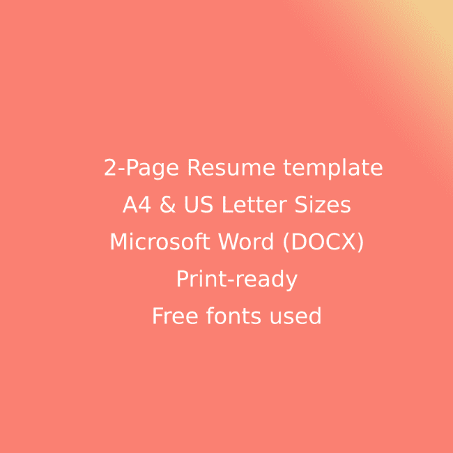 Two page resume template a4 & us letter sizes microsoft word docx print -.