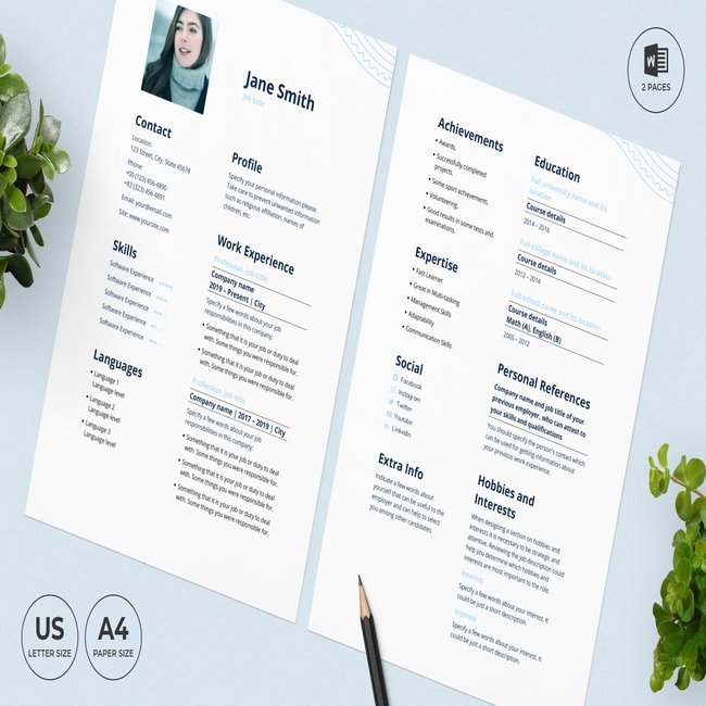 Clean and modern resume template on a blue background.