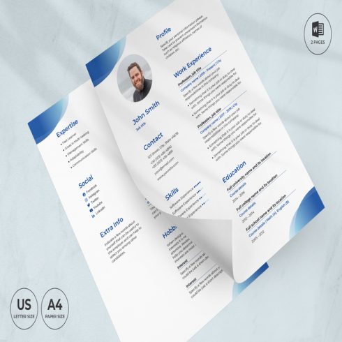 Blue and white resume on a blue background.