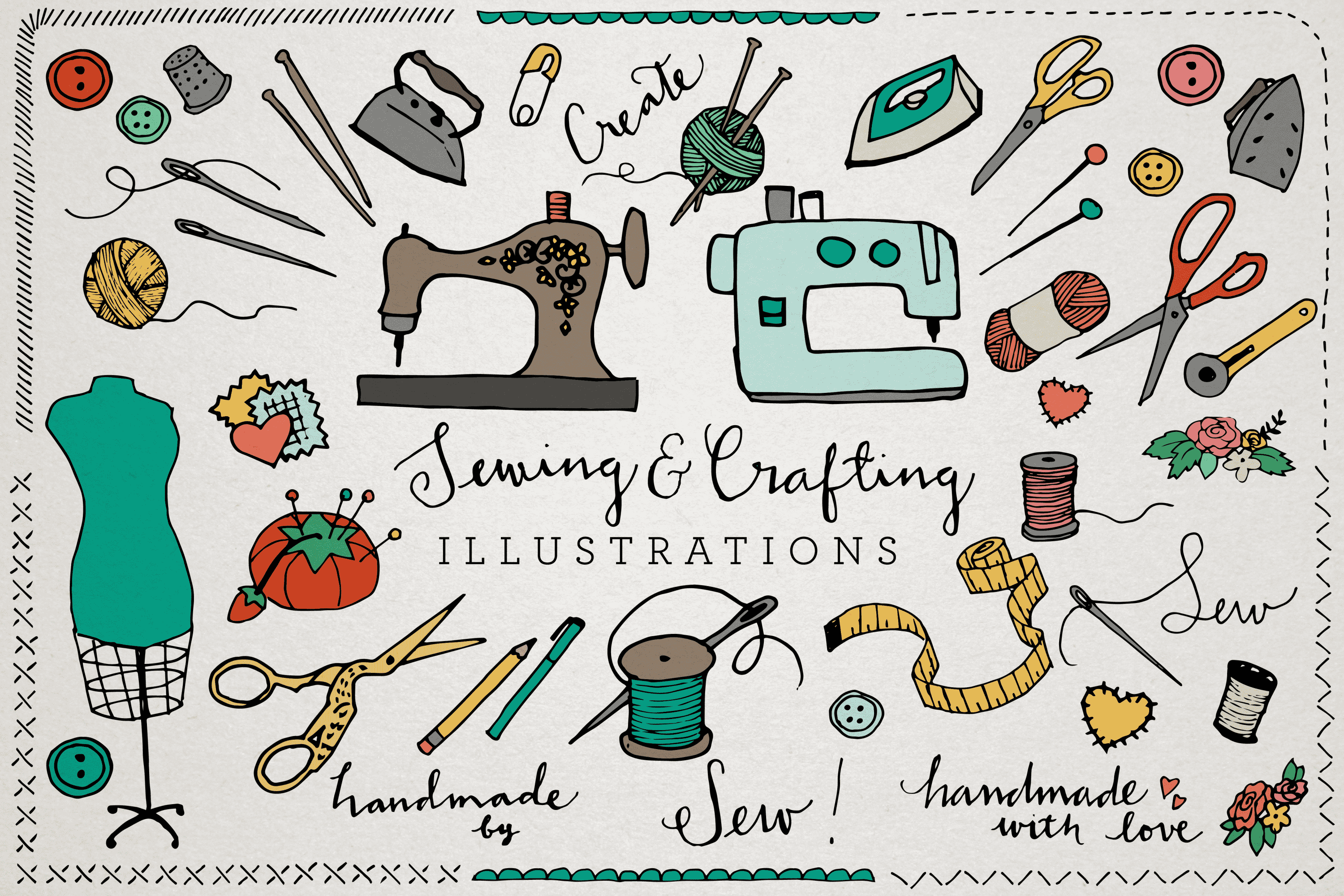 All necessary attributes for sewing and crafting.