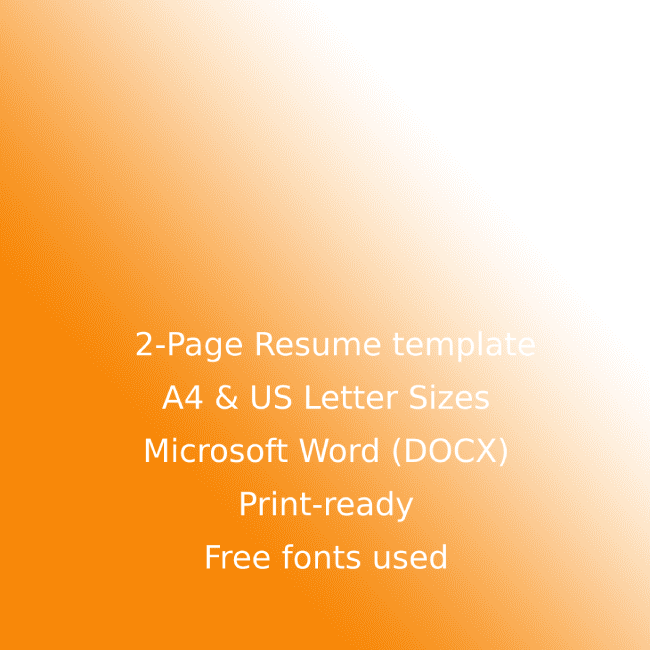 Two page resume template a4 & u s letter sizes microsoft word docx print.