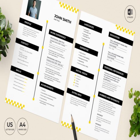 Two resume templates with yellow and black accents.