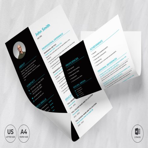 Black and white resume template with a blue accent.