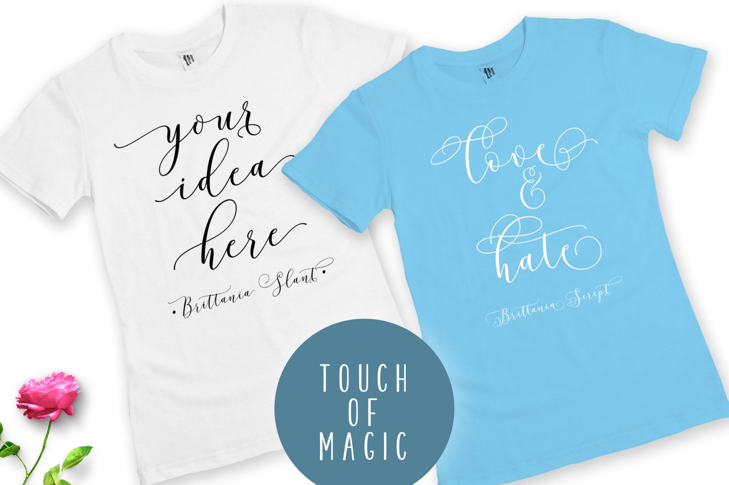 Two t-shirts with thin italic font.